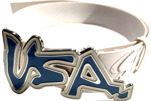 Vintage 2002 Stephen Sprouse USA Graffiti blau Emaille Schnalle weiß Ebosse Gürtel XL - Bild 1 von 7