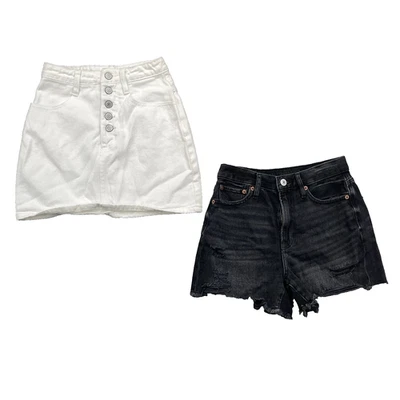 Lote (2) Pantalones Cortos Denim y Mini Falda Jean Para Mujer XS Academia Preppy Y2K Años 90 Chic Foto 1 de 4