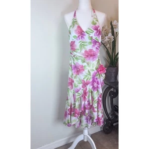 Abito midi vintage Y2K Fairycore Halter rosa chiffon asimmetrico con volant S anni 2000 - Foto 1 di 9