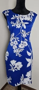 Connected Apparel Dress Sleeveless Blue White Floral Size 6 Sheath Cocktail Dres - Picture 1 of 14