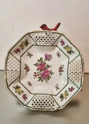 Антикварная сетчатая фарфоровая тарелка MZ Австрия розы бабочки золотая отделка птица  - Изображение 1 из 4