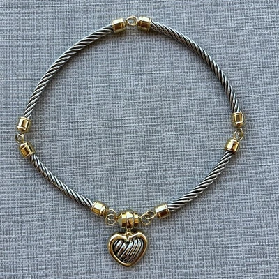 Stocko Heart Pendant Necklace Snap Clasp Two Tone Twisted Cable Choker 15" - Image 1 of 3