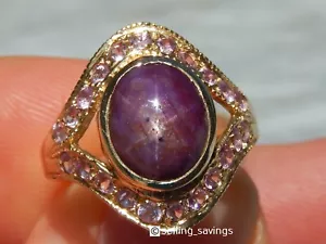 14K  YELLOW GOLD 6.30 TCW STAR RUBY CABOCHON & PINK SAPPHIRE BEZEL SET RING - Picture 1 of 13