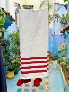 Wool Moroccan Blanket,Bedroom Blanket,Moroccan Red PomPom Blanket,Housewarming - Picture 1 of 4