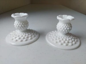 Charming Set of 2 Fenton Milk Glass Hobnail Candlesticks, Good Cond, Ships FREE! - Picture 1 of 9
