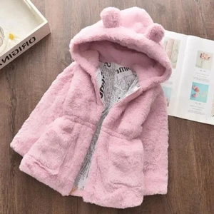 Teddy Bear/ Bunny Ears Girls Hooded Faux Fur Warm Winter Coat Jacket Gift 5T/6T - Picture 1 of 12