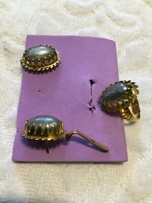 gold tone 3 pc jewelry set, Earrings gray stone/pearl ring size 7 - Image 1 of 4