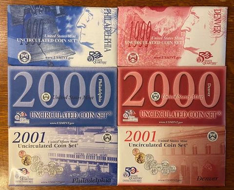 1999 2000 2001 U.S. Mint D & P Uncirculated Sets Kennedy Halves + State Quarters Cover