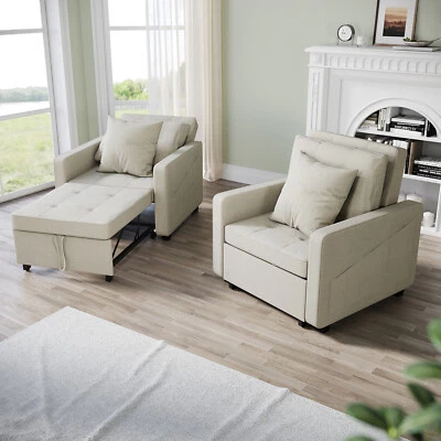 ELEGANT Cream 3-in-1 Folding Sofa Bed Pull Out Convertible Chair Fabric Recliner Sleeper