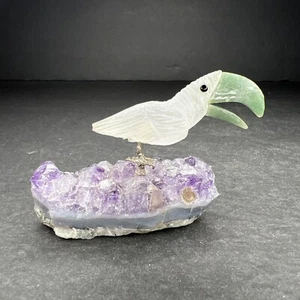 Amethyst geschnitzter Edelstein Quarz Jade Silber Metallbeine Vogel - Bild 1 von 15