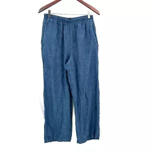 Karen Kane Lifestyle elastic waist straight leg lagenlook blue linen boho M - Picture 1 of 8