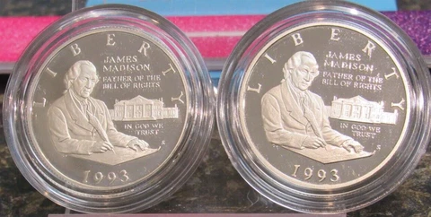 2 - 1993 S Madison Bill of Rights Proof 90% Silver BU Commemorative Half Dollars Cover