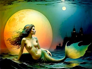 Impresión fotográfica de Sirena en el agua puesta de sol luna saliente 8,5x11" arte Grimshaw/harker - Imagen 1 de 1