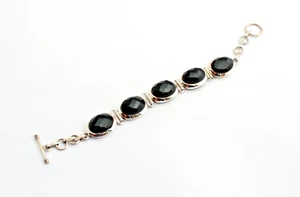 Onice Preziose Bracciale 925 Argento Nero Sfaccettato Ovale Gioiello Dono 19 CM - Foto 1 di 2