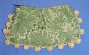 Kim White Clutch 6x10 Green Gold Upholstery Tapestry Vintage Make-up Bag Pom-Pom - Picture 1 of 6