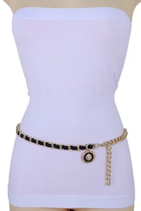 Women Black Band Belt Gold Metal Chain Links Lion Night Club Accessory XS S M - Picture 1 of 10