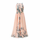 Womens Summer Halter Neck Sleeveless Chiffon Maxi Dress Floral Print With Belt