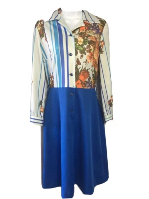 Unique Vtg 1970s A-line Knit Mod Disco Dress Floral Blue Stripes SZ M C:34 W:27 - Image 1 of 4