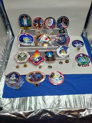 Lot of 16 NASA Related Space Shuttle Mission Program Stickers 17 Pin Keychains. - Image 1 of 4
