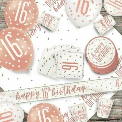 Glitz Rose Gold 16th Birthday Party Tableware Decoration Plates Banners Age16