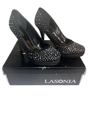 Lasonia Black Glitter Closed Toe Heels Size 7.5 Dress Shoes M7756 with Box - Image 1 of 4