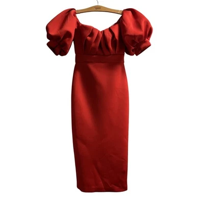 Badgley Mischka Dress Womens 8 Red Fitted Ruched Bodice Puff Sleeves Gown Gala - Image 1 of 4