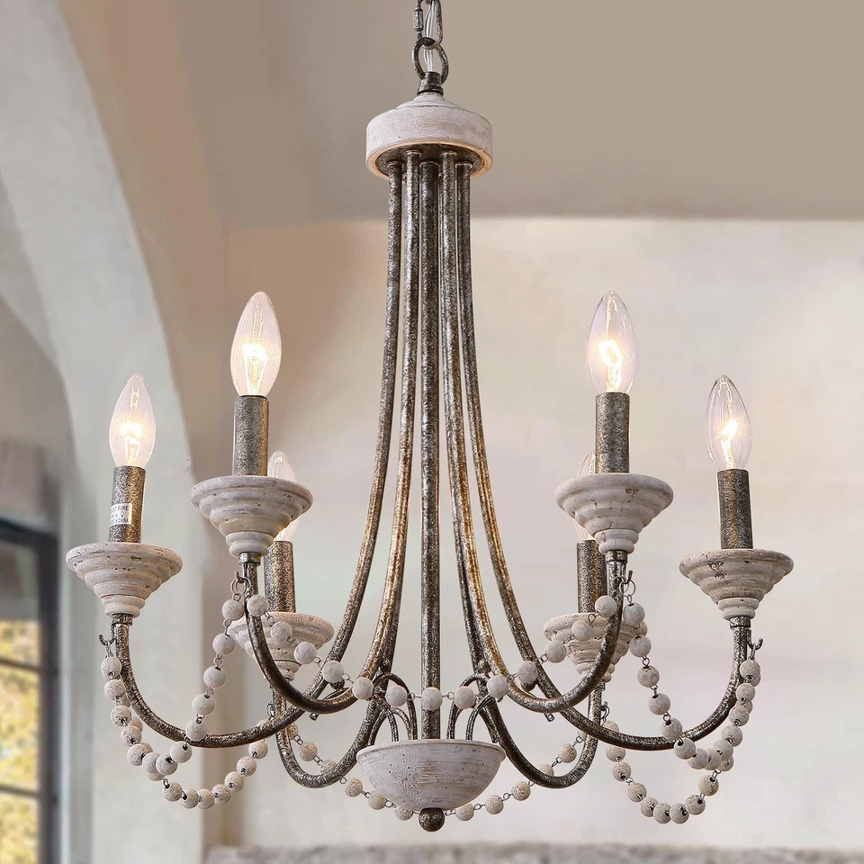 Wood Beaded Chandelier 6 Light Candle French Country Chandeliers Rustic RCD-6