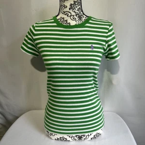 Ralph Lauren Sport Women's Size M Green & White Stripped Blouse 100% Cotton - Picture 1 of 7