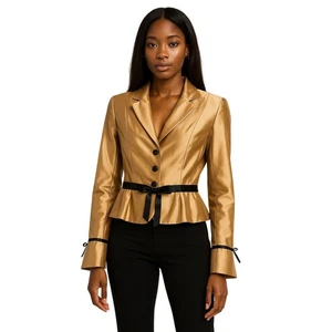 KAY UNGER 100 % Seide Blazer Gold Satin Schößchen Schwarz Band Borte Größe 12 - Bild 1 von 11
