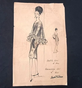 SORELLE FONTANA - disegno bozzetto Abito moda anni 50 60 Autografo. Leggi Descr - Foto 1 di 3
