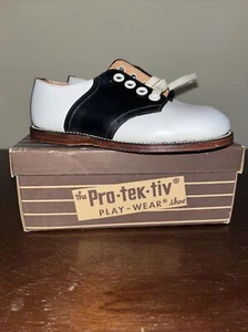 Vintage Baby Shoes Black & White Pro-tek-tiv Hard Bottom Oxfords Dress Shoes 7.5 - Picture 1 of 10