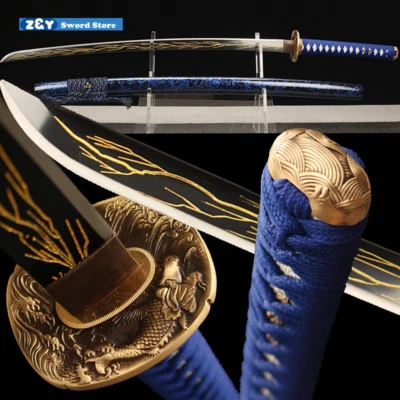 Espada samurai japonesa afiada lâmina azul relâmpago peixe bronze Tsuba Katana -Q7866 - Imagem 1 de 4