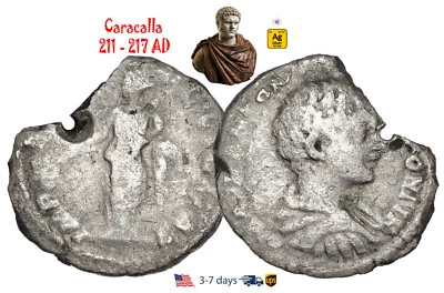 Antigua moneda del Imperio Romano Denario Caracalla de plata 211 - 217 dC auténtica #30195 Foto 1 de 3