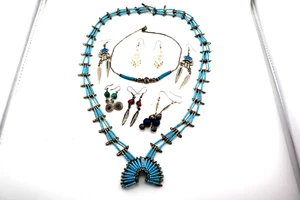 Lot-Vintage Western, Tribal Design Artisan Liquid Silver, Beads Necklace, Earrin - Picture 1 of 7