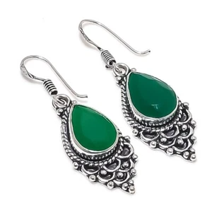 Green Onyx  Gemstone Handmade 925 Sterling Silver Jewelry Earrings Size 1.95 - Picture 1 of 1