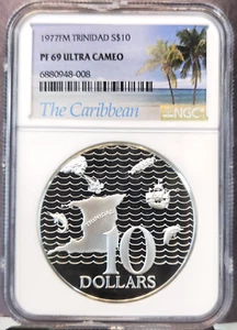 1977 TRINIDAD SILVER 10 DOLLARS MAP & OCEAN NGC PF 69 ULTRA CAMEO RARE TOP POP - Picture 1 of 3