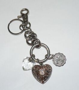 Heart Fleur De Lis Purse Charm Key Ring Fob Silver Tone