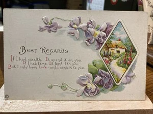 Stecher Lith Co’s  “Best Regards Poem” w/ purple flowers and house - Picture 1 of 2