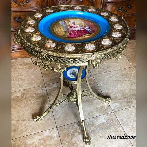 Antique Serve Bronze Center Table Louis XVI Signed Porcelain Plaque 19th Century Cover