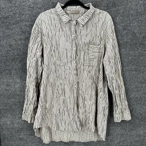 Cut Loose Blouse Womens Large Button Up Textured Lagenlook Gray Black Stripes - Picture 1 of 13