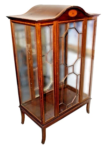 Antique Edwardian Mahogany Breakfront Vitrine China Cabinet w/ Satinwood Inlay Cover