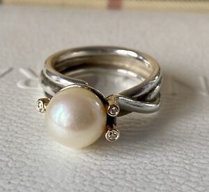 Rare Pandora Pearl & Diamond Silver & Gold Woven Splendour Ring Size 52