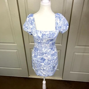 Kookai Atlas Dress Womens Size 34 Blue Floral Mini Short Sleeve Square Neck Zip - Picture 1 of 9