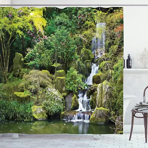 Pond in Asian Style Garden Tree Bush Foliage Rocks Picture Shower Curtain Set - Picture 1 of 2