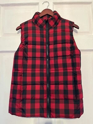 Chaleco acolchado a cuadros búfalo rojo negro talla pequeña con volantes talla pequeña para mujer Foto 1 de 4