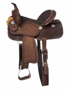 Silla de montar Western de cuero marrón tallada a mano para caballos de carreras con juego y todos los tamaños - Imagen 1 de 5