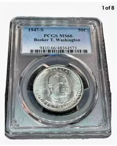 1947 S BOOKER T WASHINGTON COMMEMORATIVE SILVER HALF-DOLLAR. PCGS MS66. - Picture 1 of 8