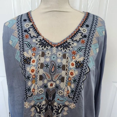 Size 3X Blue Long Sleeve Embroidered Boho Top - Image 1 of 4