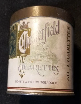 Vintage 1920s Chesterfield Cigarettes Round Paper Label Tin  NICE  EMPTY - Image 1 of 4