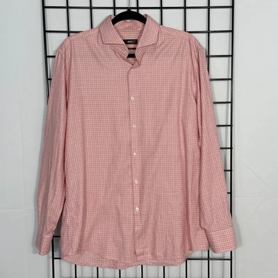 Boss Hugo Boss Slim Fit Dress Shirt Mens 43 17 Pink Plaid Business Casual Preppy - Image 1 of 4